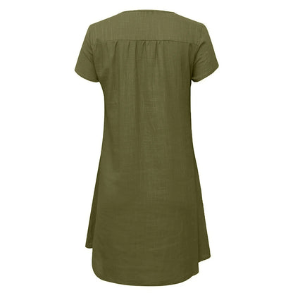 Women Beach Dress Summer Casual Loose Mini Dress Short Sleeve V-Neck Comfy Holidaysundress Solid Shift Dress for Vacation