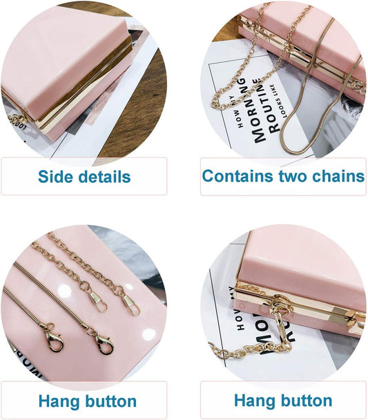 Cute Transparent Acrylic Shoulder Bag Clear Crossbody Evening Clutch Purse Handbag with 2 Gold Chain for Women